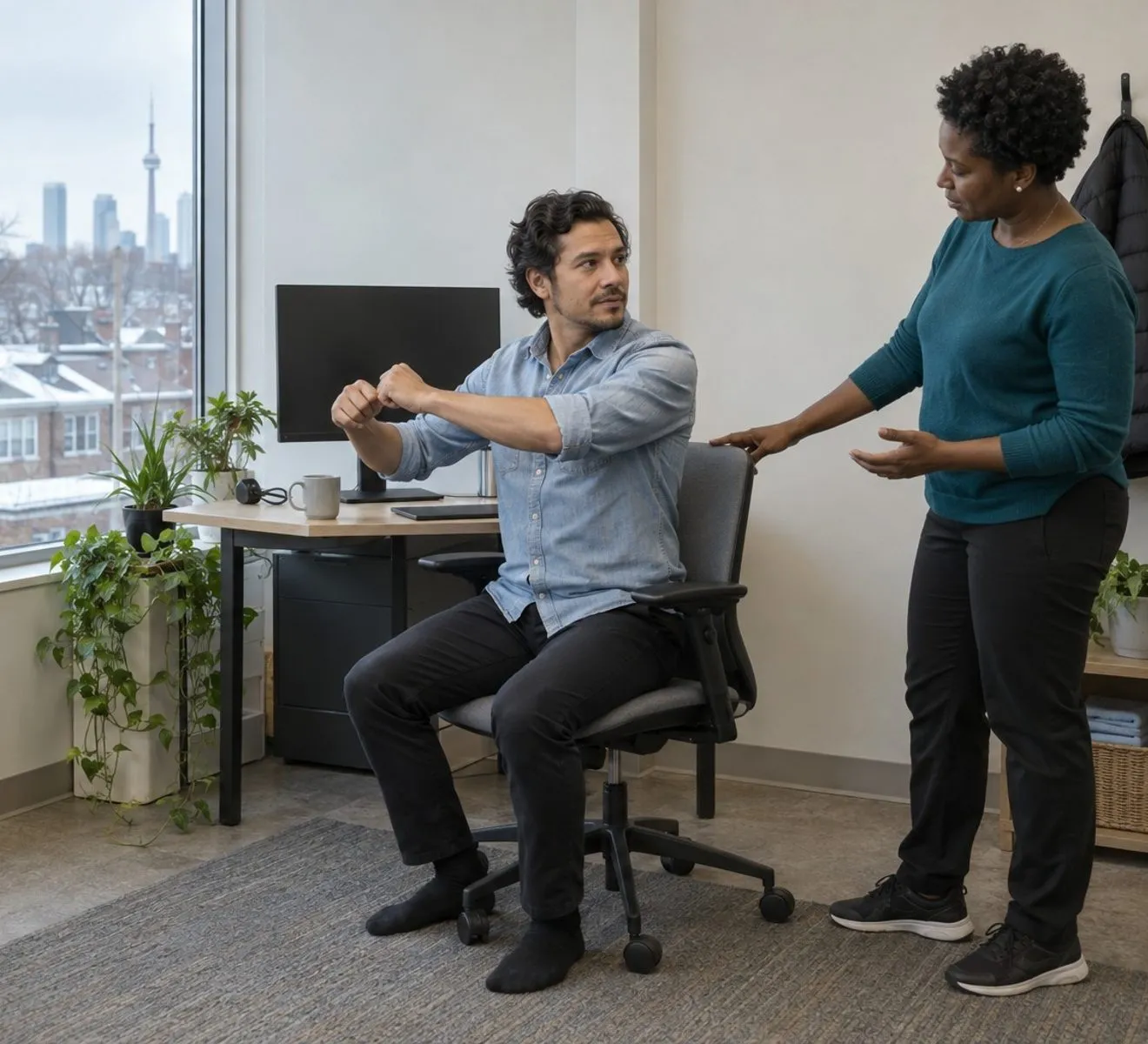 A physiotherapist observing a patient during a first-visit movement assessment