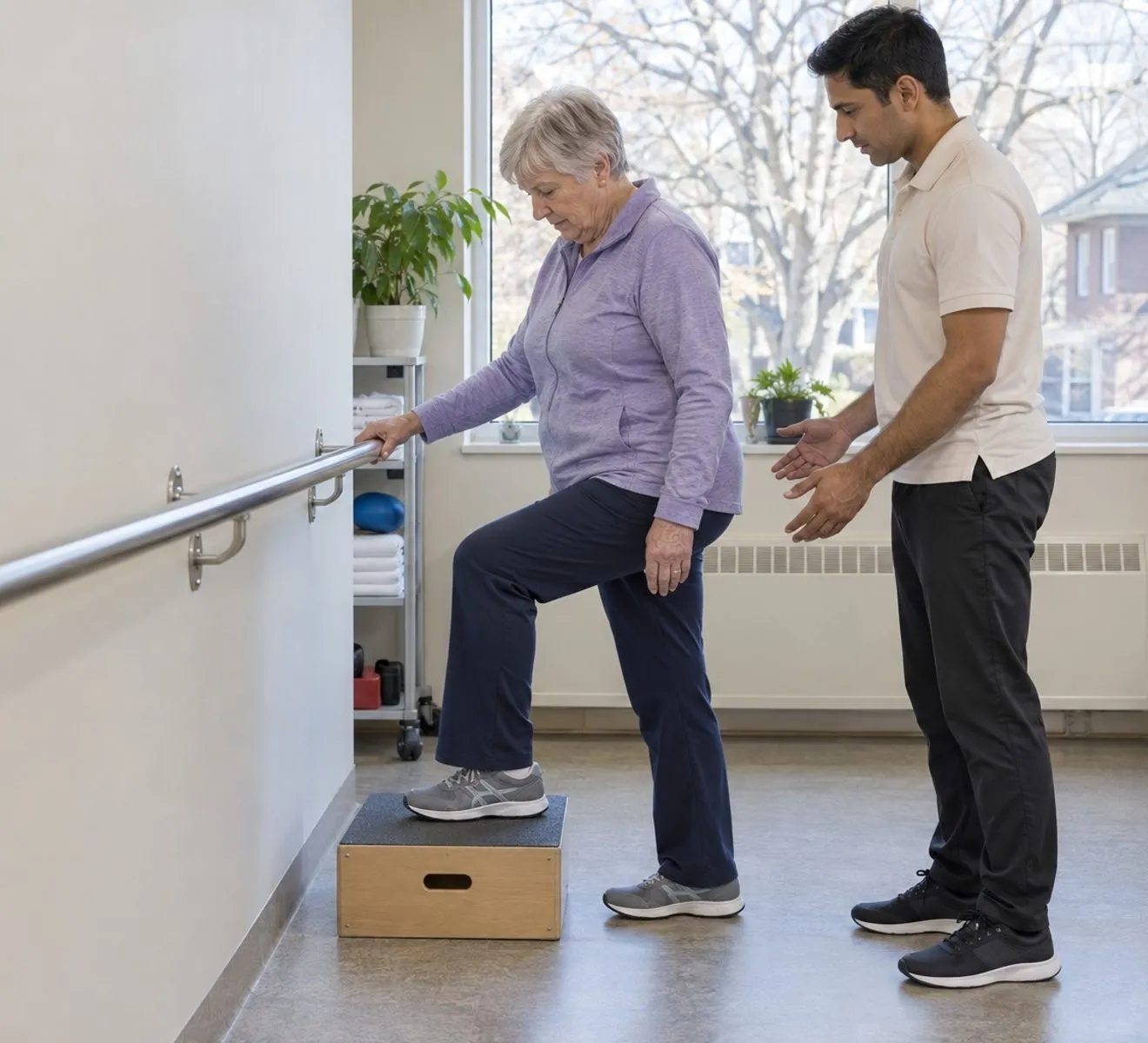 A physiotherapist observing a patient during a first-visit movement assessment
