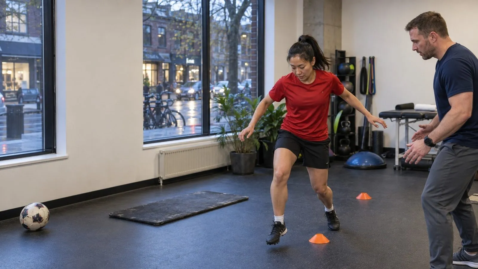 A patient landing from a lateral hop during sports injury rehabilitation