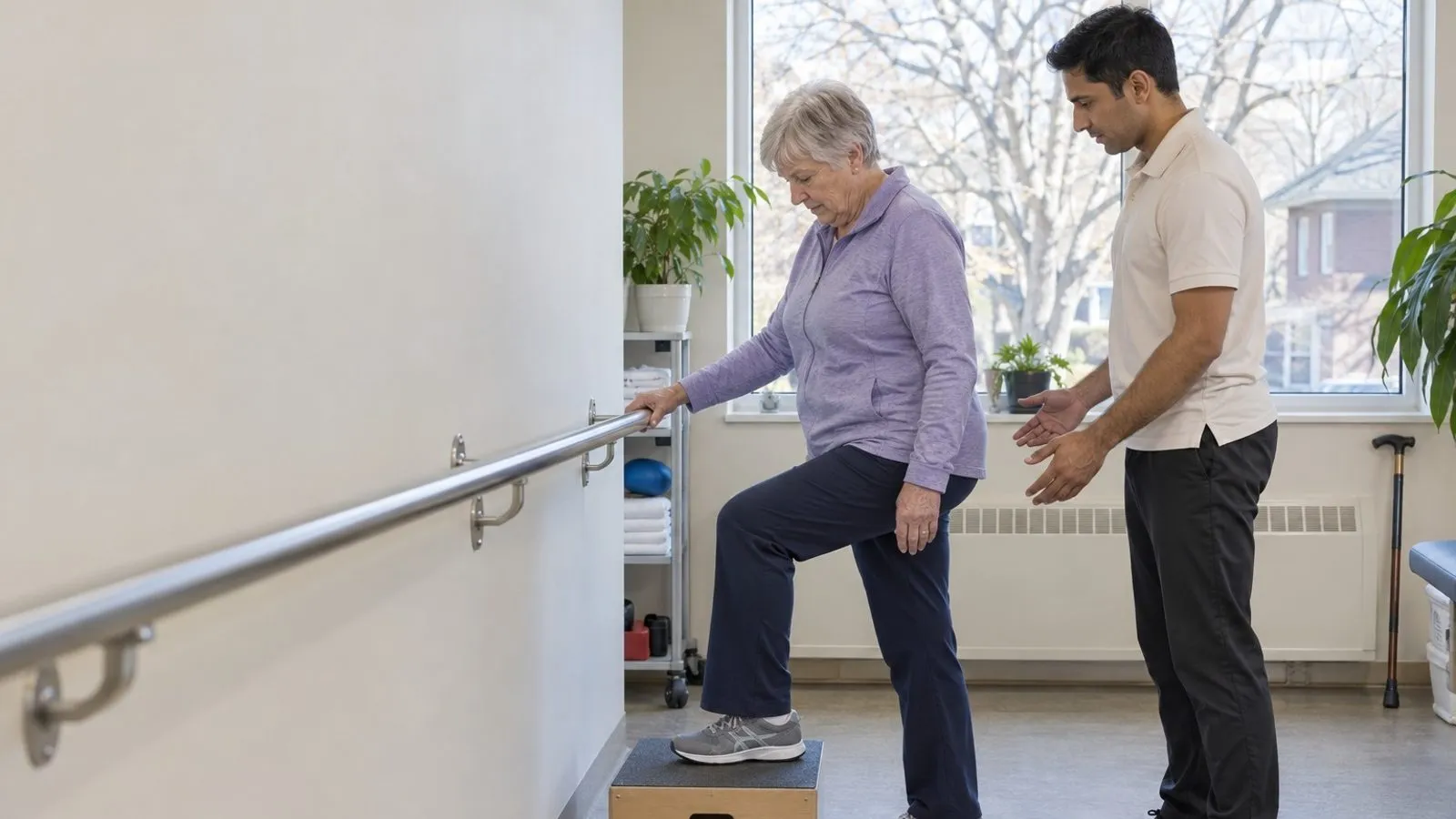 A patient completing a measured post-surgery strength exercise