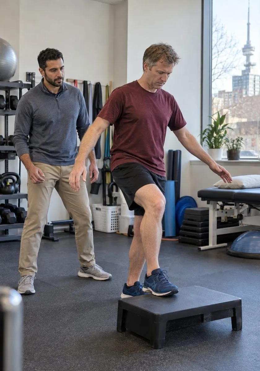 An adult patient practices a controlled step exercise while a physiotherapist observes alignment in a bright treatment space.